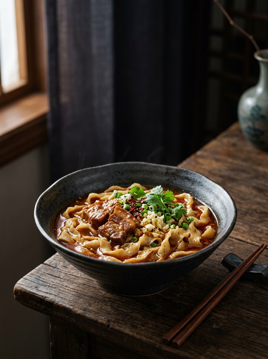 Original ClouChef poster: Shanxi Knife-Cut Noodles with Pork and Black Vinegar