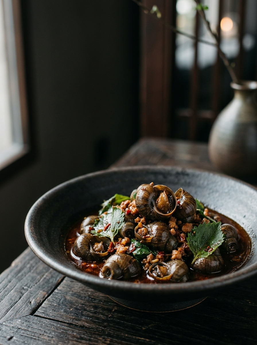 Original ClouChef poster: Spicy River Snails with Perilla